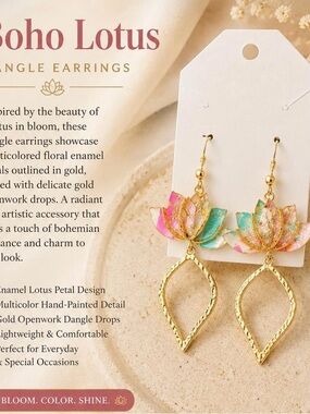 Boho Lotus Multicolor Enamel Dangle Earrings – Gold Accents